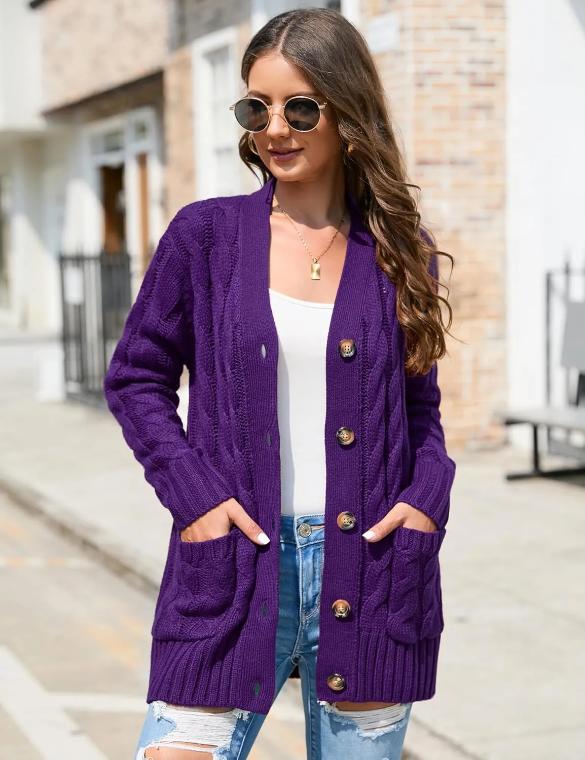 MISSKY Women's Open Front Cardigan Sweater with Pockets Long Sleeve Cable Knit Button Loose Cardigan Sweater Outwear