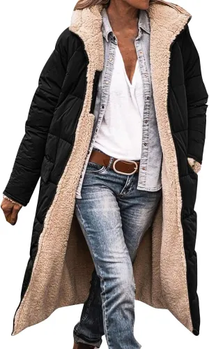 Miyaomn Blouses for Women Womens 2023 Warm Winter Padded Coats Reversible Sherpa Fleece Lined Long Hooded Puffer Jackets Outerwear with Pockets(Black,Large)