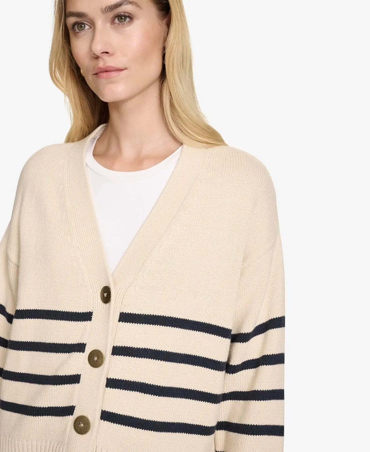 Nautica Women's Long Sleeve V-Neck Striped Cardigan