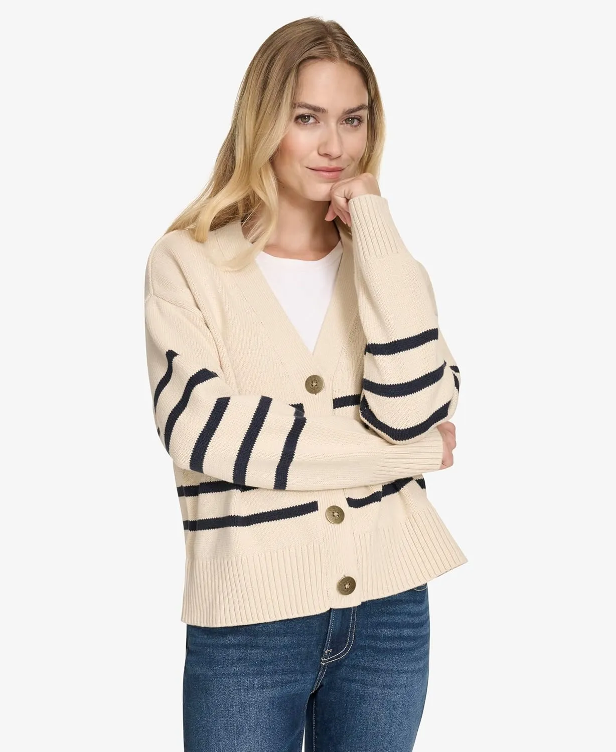 Nautica Women's Long Sleeve V-Neck Striped Cardigan