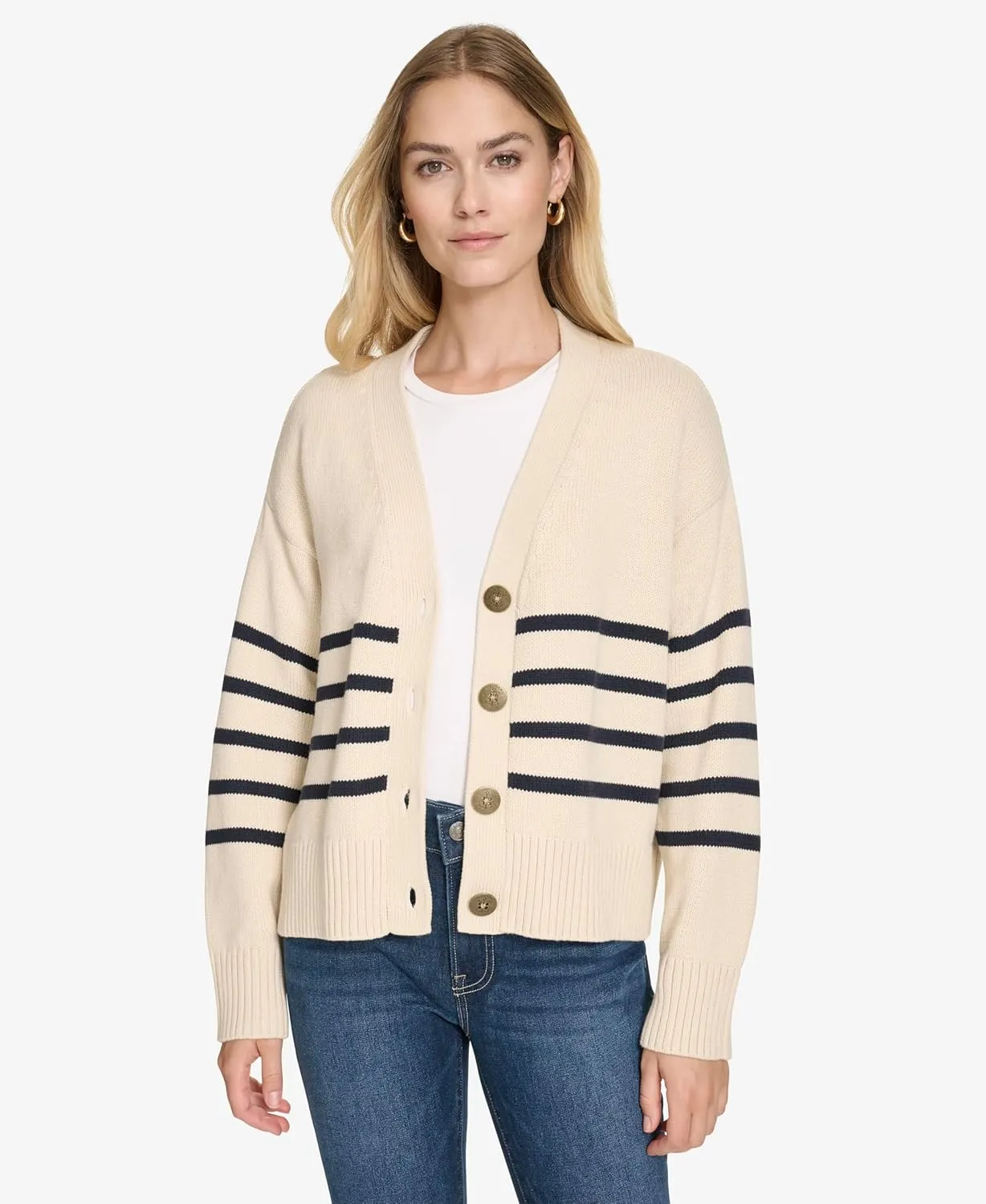 Nautica Women's Long Sleeve V-Neck Striped Cardigan