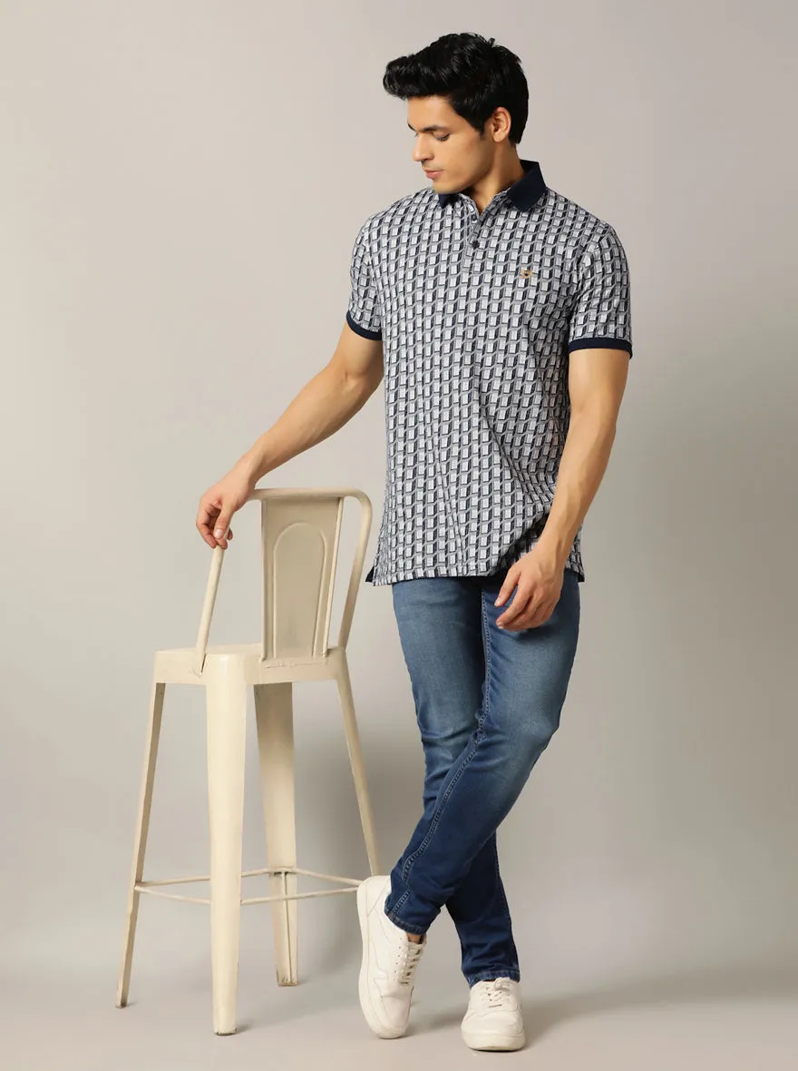 Navy Blue Jaquard Slim Fit Polo T-Shirt | JadeBlue