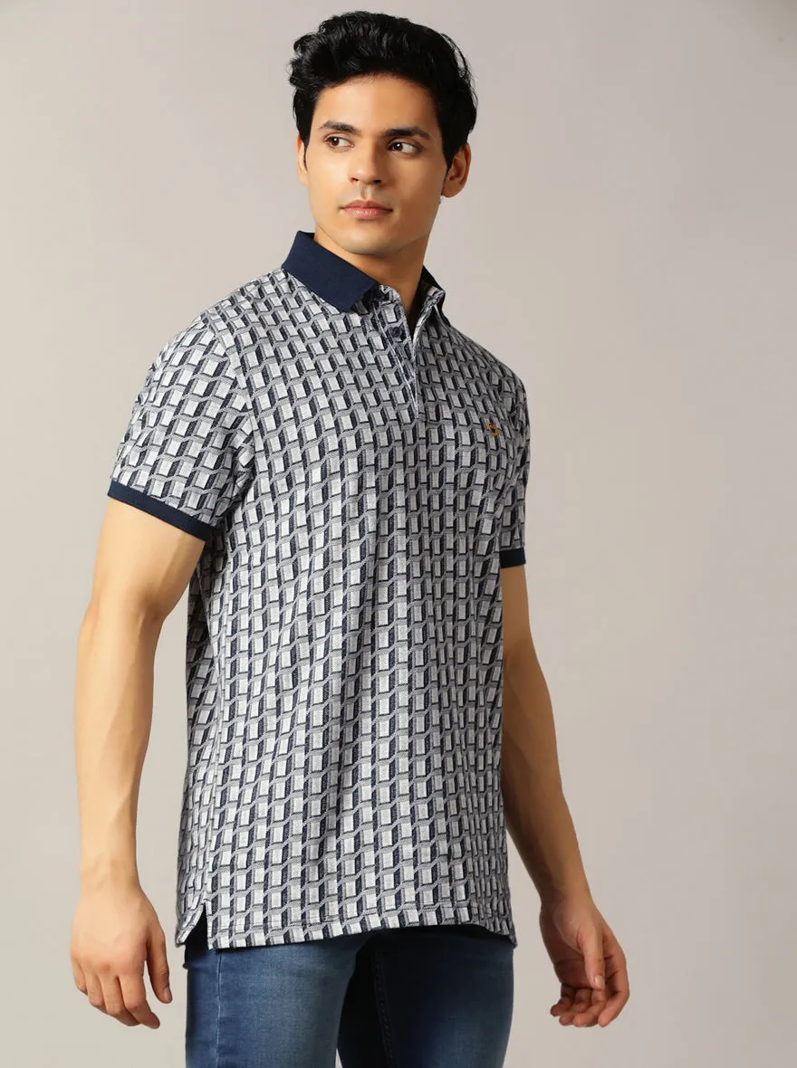 Navy Blue Jaquard Slim Fit Polo T-Shirt | JadeBlue