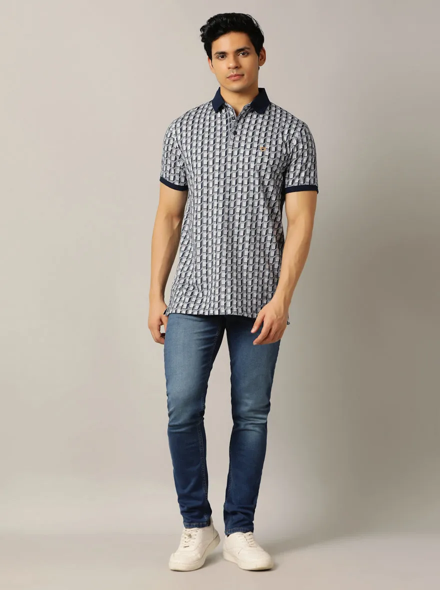 Navy Blue Jaquard Slim Fit Polo T-Shirt | JadeBlue