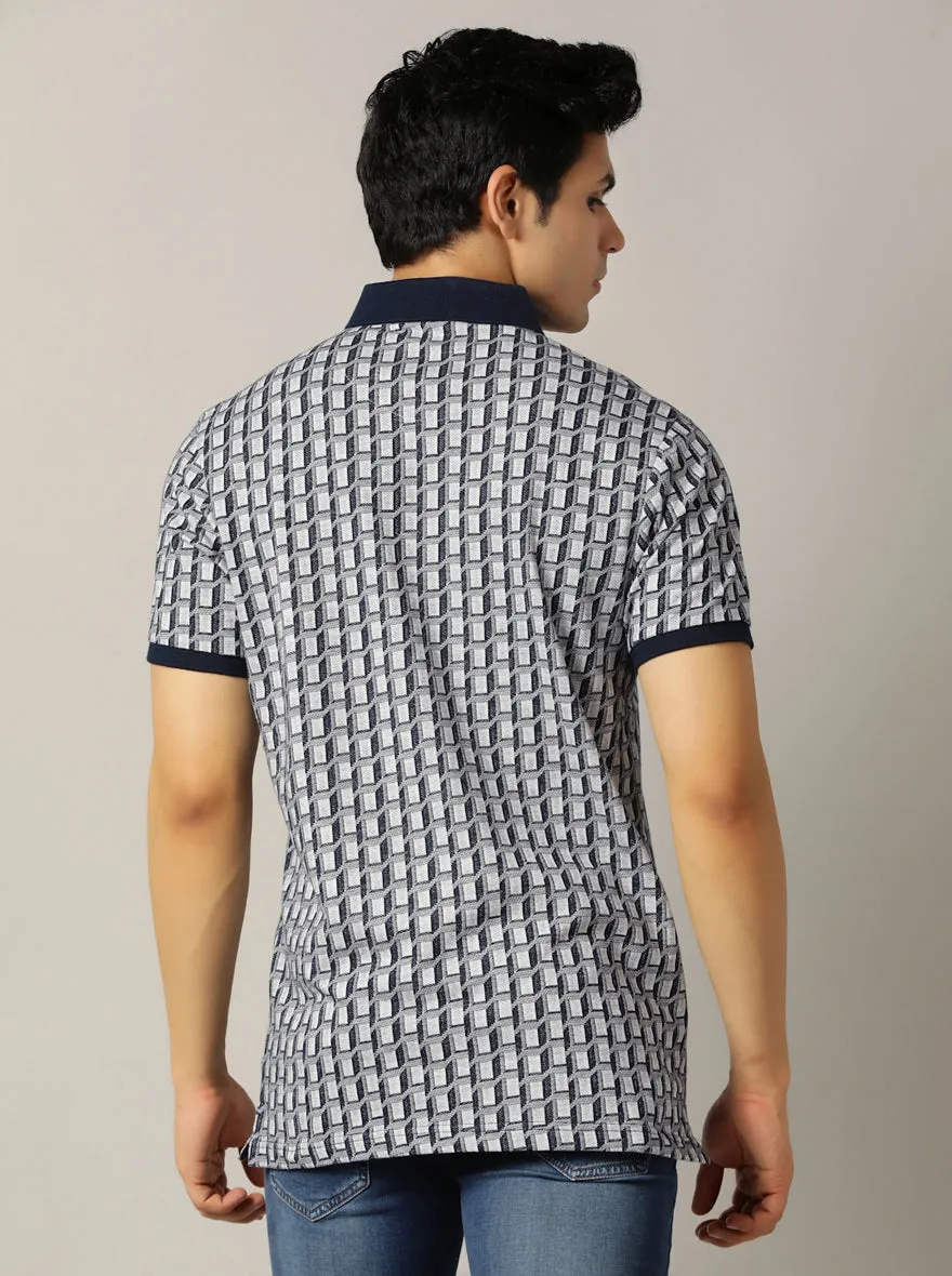 Navy Blue Jaquard Slim Fit Polo T-Shirt | JadeBlue