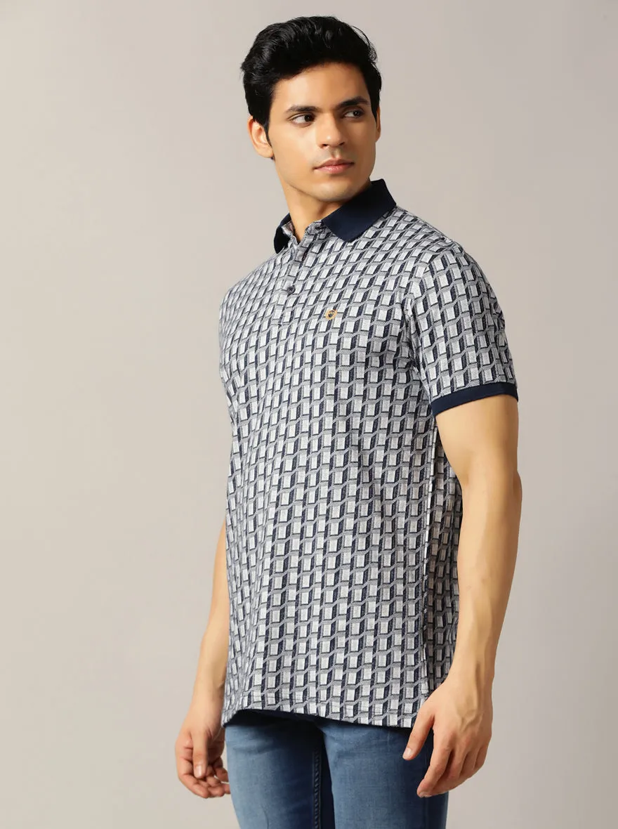 Navy Blue Jaquard Slim Fit Polo T-Shirt | JadeBlue