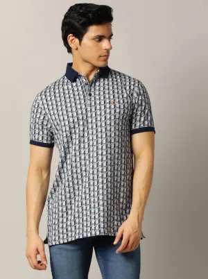Navy Blue Jaquard Slim Fit Polo T-Shirt | JadeBlue