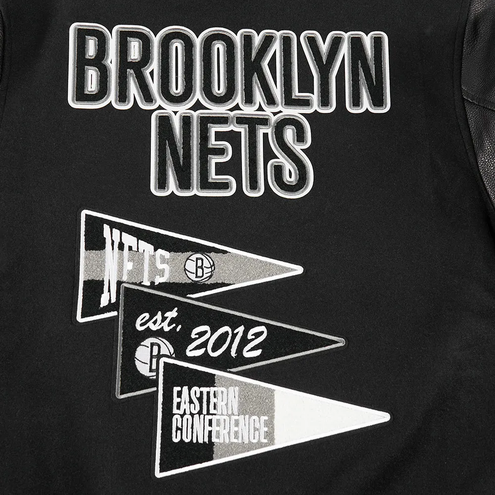 NBA BROOKLYN NETS TEAM PENNANTS MEN'S RIB WOOL VARSITY JACKET (BLACK/GRAY)