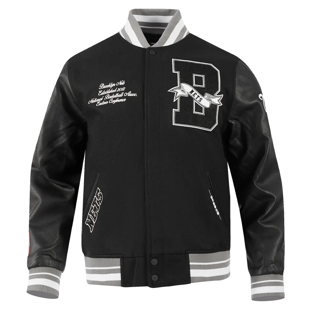 NBA BROOKLYN NETS TEAM PENNANTS MEN'S RIB WOOL VARSITY JACKET (BLACK/GRAY)