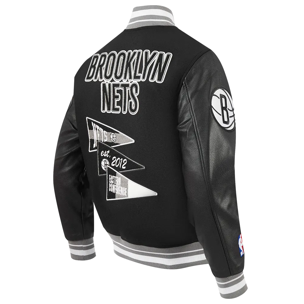 NBA BROOKLYN NETS TEAM PENNANTS MEN'S RIB WOOL VARSITY JACKET (BLACK/GRAY)