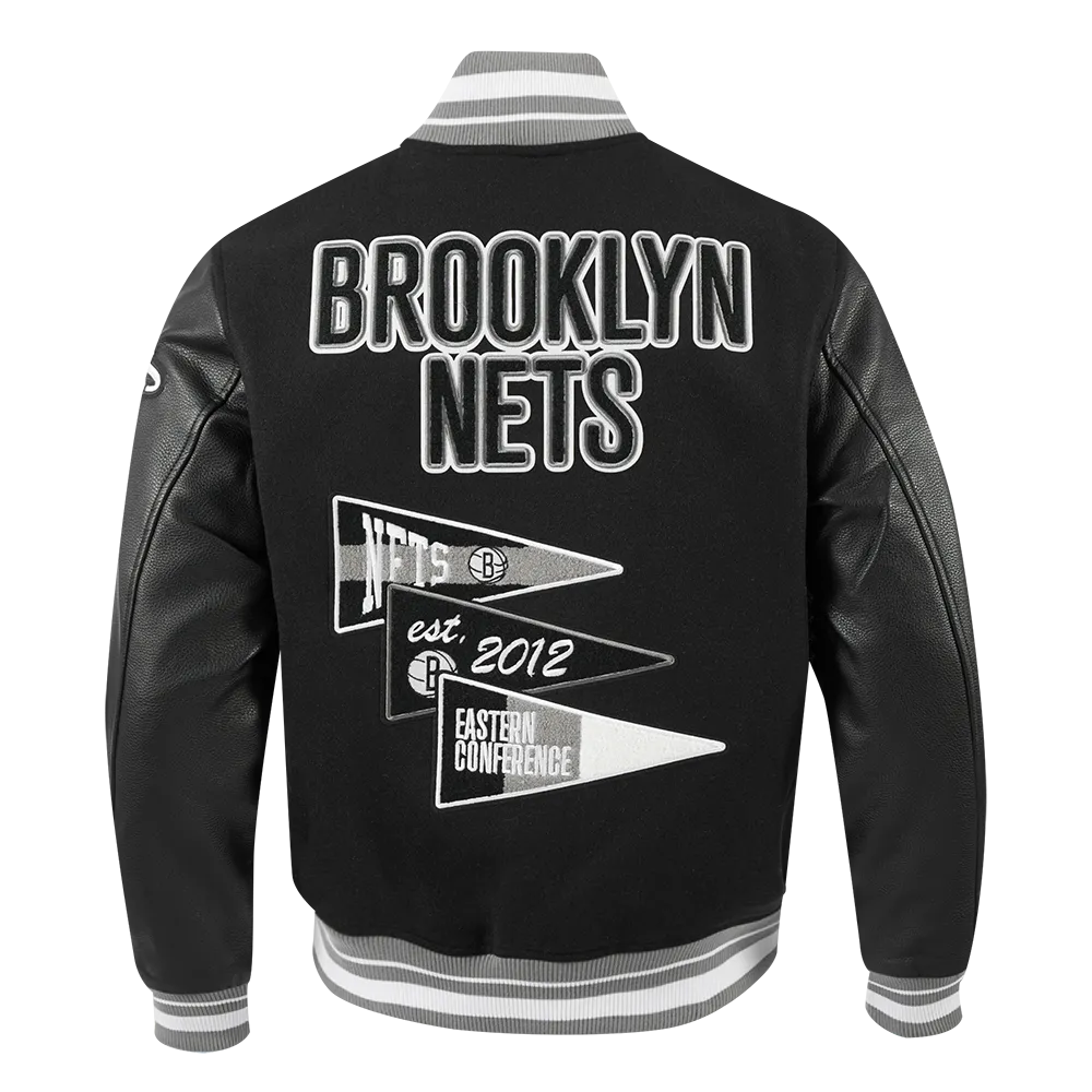 NBA BROOKLYN NETS TEAM PENNANTS MEN'S RIB WOOL VARSITY JACKET (BLACK/GRAY)