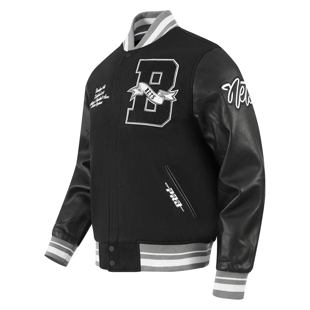 NBA BROOKLYN NETS TEAM PENNANTS MEN'S RIB WOOL VARSITY JACKET (BLACK/GRAY)