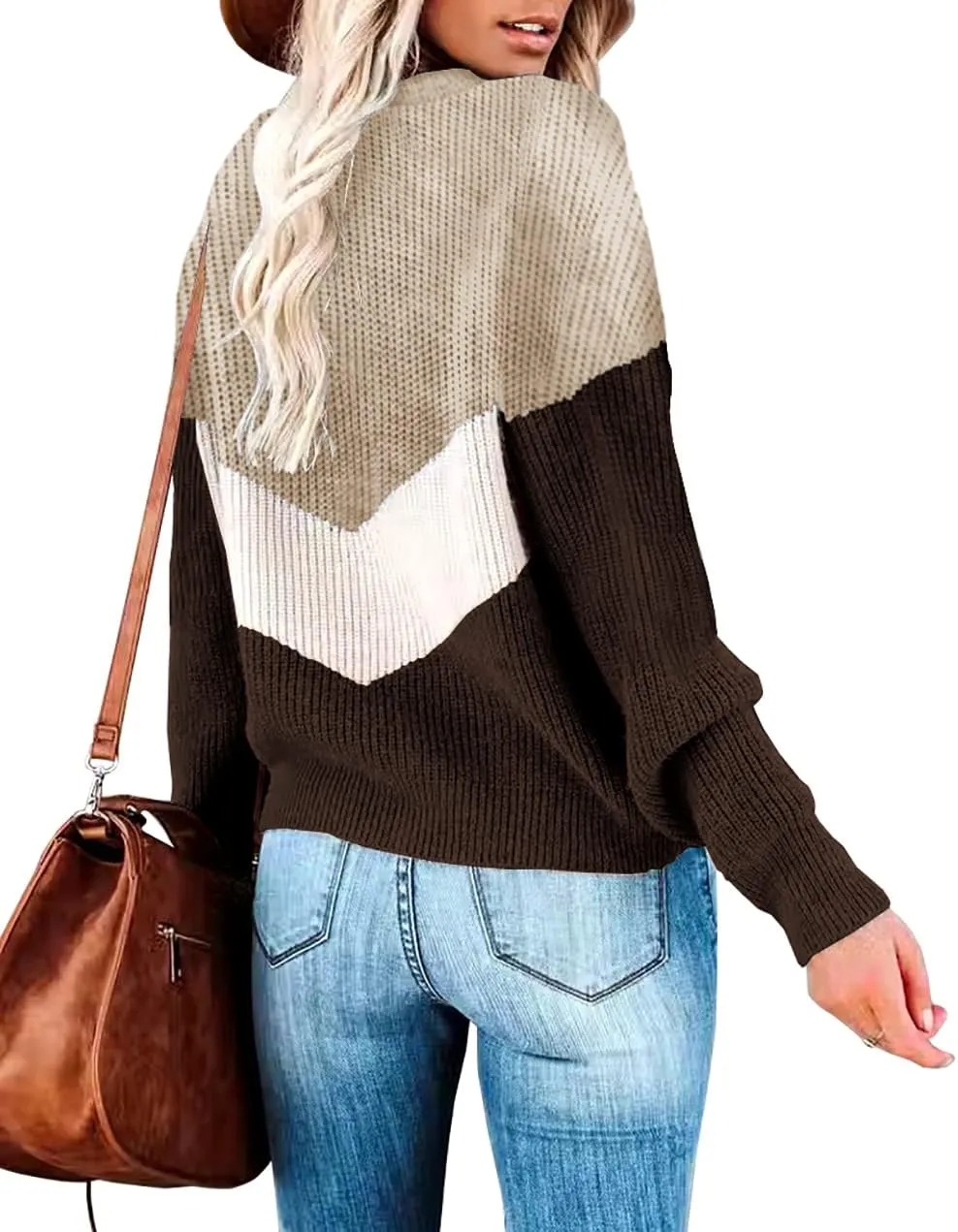 Necooer Womens Sweater Pullover Casual Long Sleeve Crewneck Color Block Pullover Knit Sweater for Women
