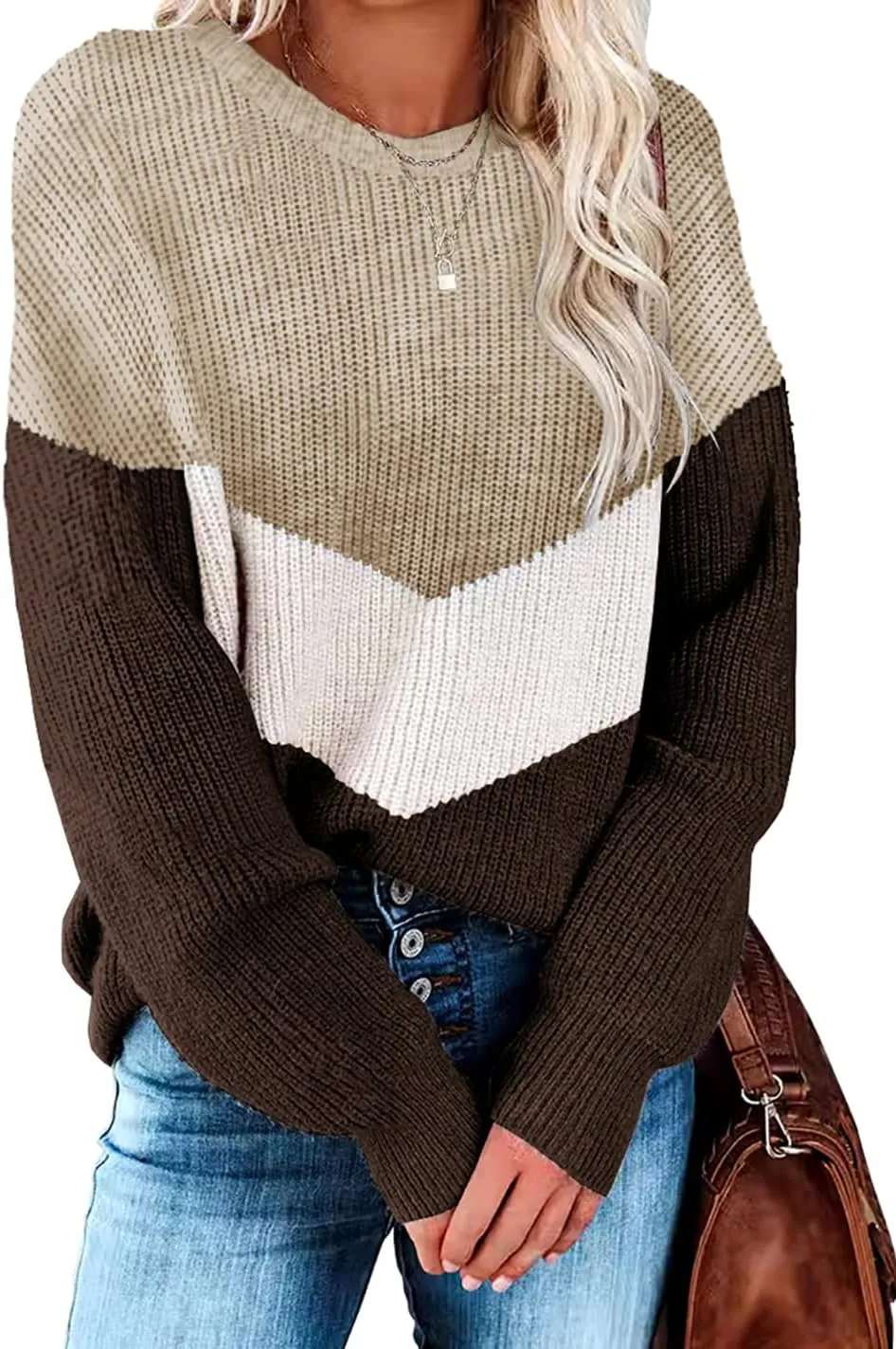 Necooer Womens Sweater Pullover Casual Long Sleeve Crewneck Color Block Pullover Knit Sweater for Women