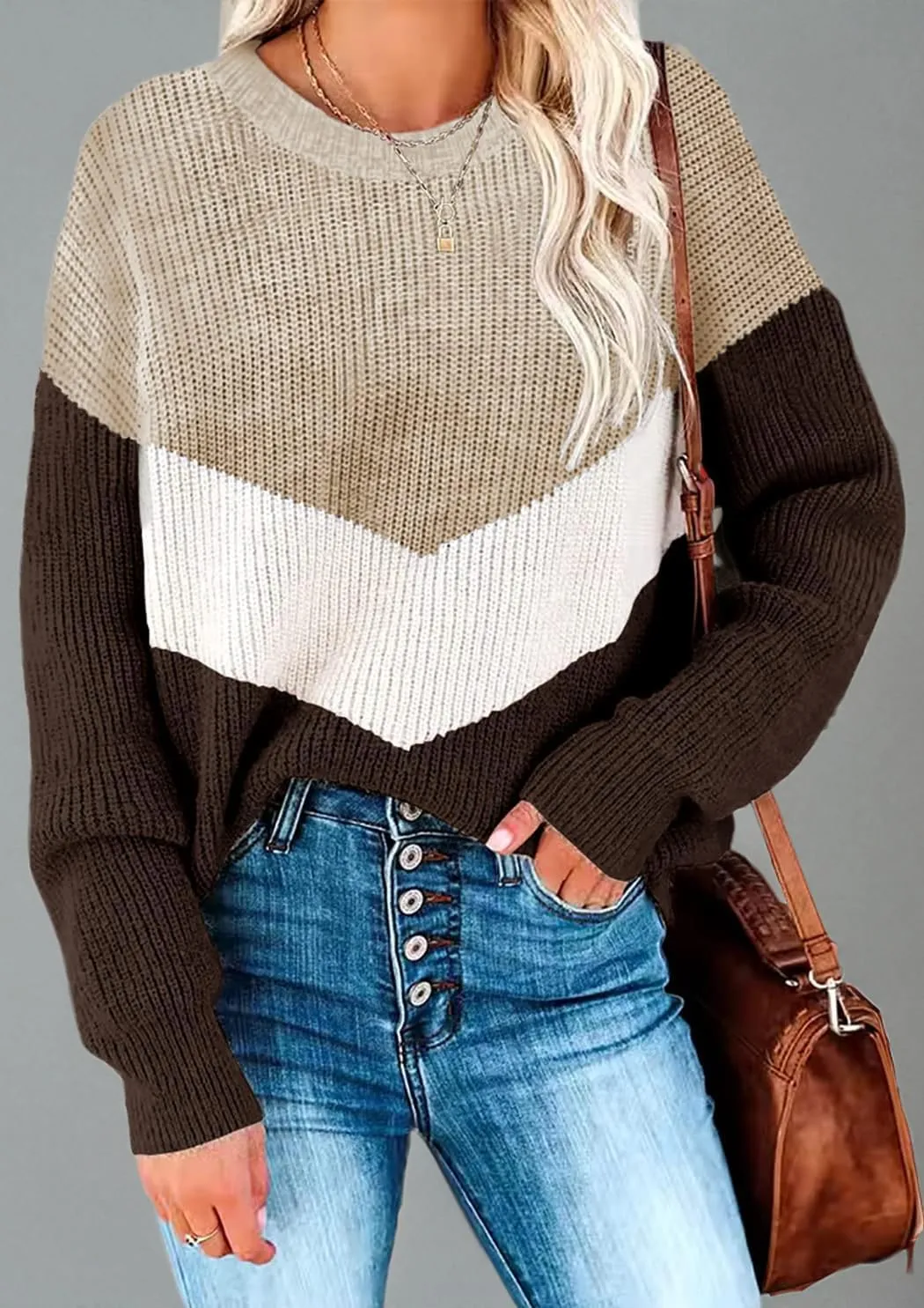 Necooer Womens Sweater Pullover Casual Long Sleeve Crewneck Color Block Pullover Knit Sweater for Women