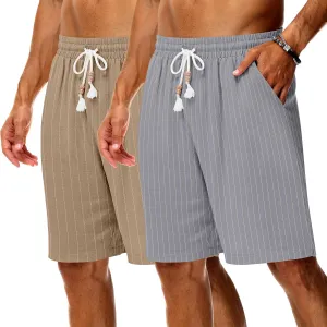Neer 2 Pack Men's Linen Shorts, Casual Lightweight Drawstring Shorts 9 Inch Inseam Elastic Waist Short Pants with Pockets
