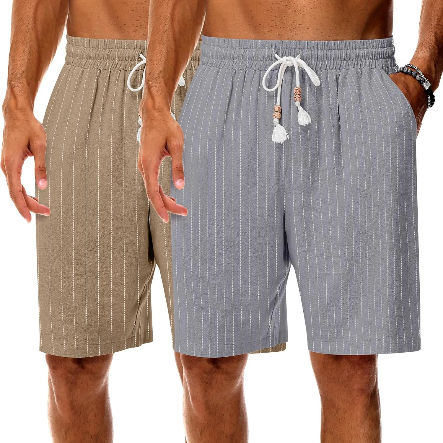 Neer 2 Pack Men's Linen Shorts, Casual Lightweight Drawstring Shorts 9 Inch Inseam Elastic Waist Short Pants with Pockets
