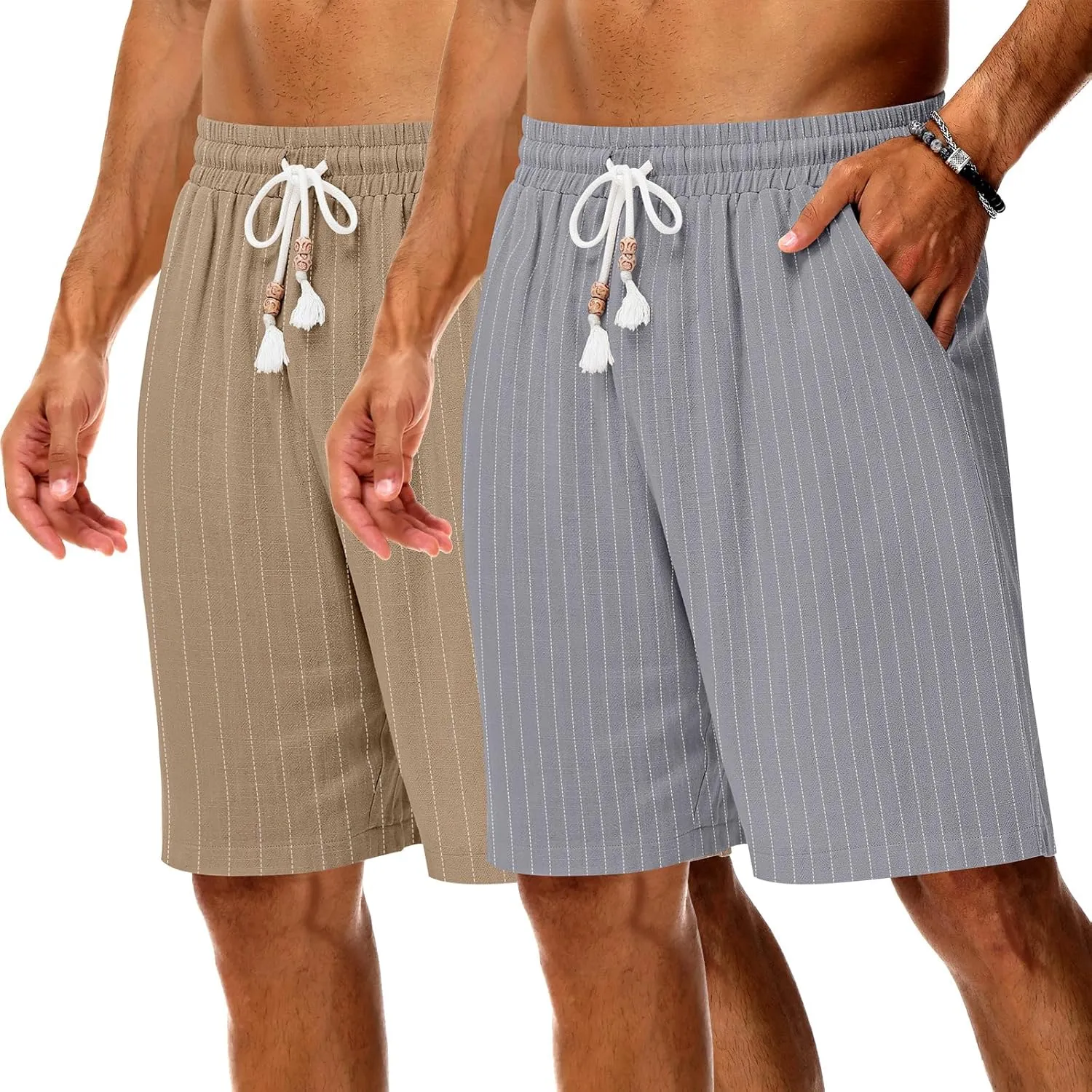 Neer 2 Pack Men's Linen Shorts, Casual Lightweight Drawstring Shorts 9 Inch Inseam Elastic Waist Short Pants with Pockets