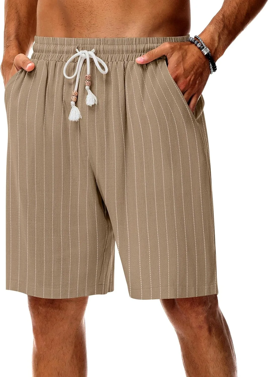 Neer 2 Pack Men's Linen Shorts, Casual Lightweight Drawstring Shorts 9 Inch Inseam Elastic Waist Short Pants with Pockets