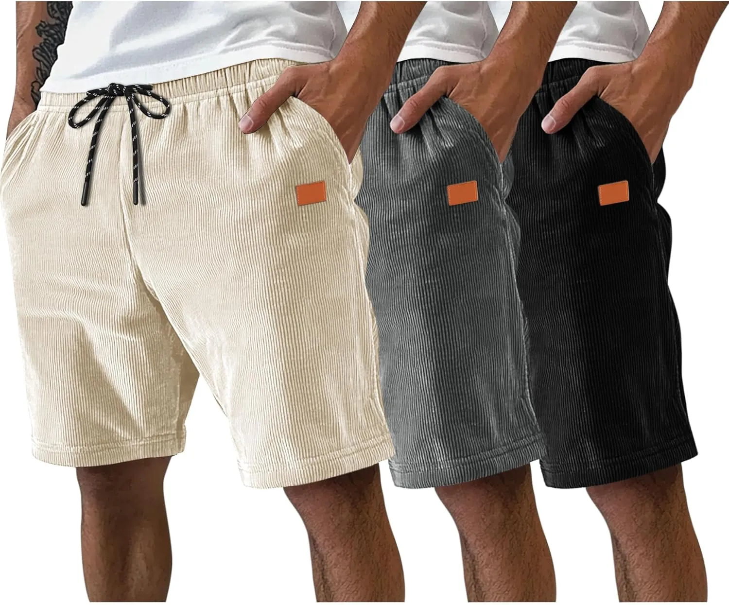 Neer 3 Pack Men's Corduroy Shorts, Casual Elastic Waist Drawstring Shorts Lightweight Summer Stretch Beach Short with Pockets