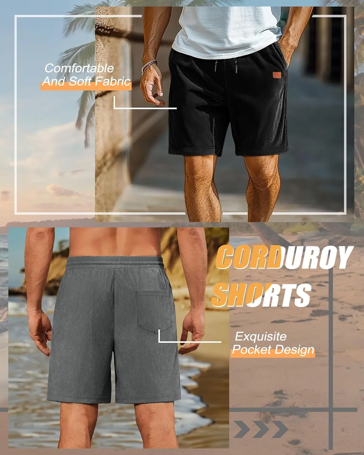 Neer 3 Pack Men's Corduroy Shorts, Casual Elastic Waist Drawstring Shorts Lightweight Summer Stretch Beach Short with Pockets