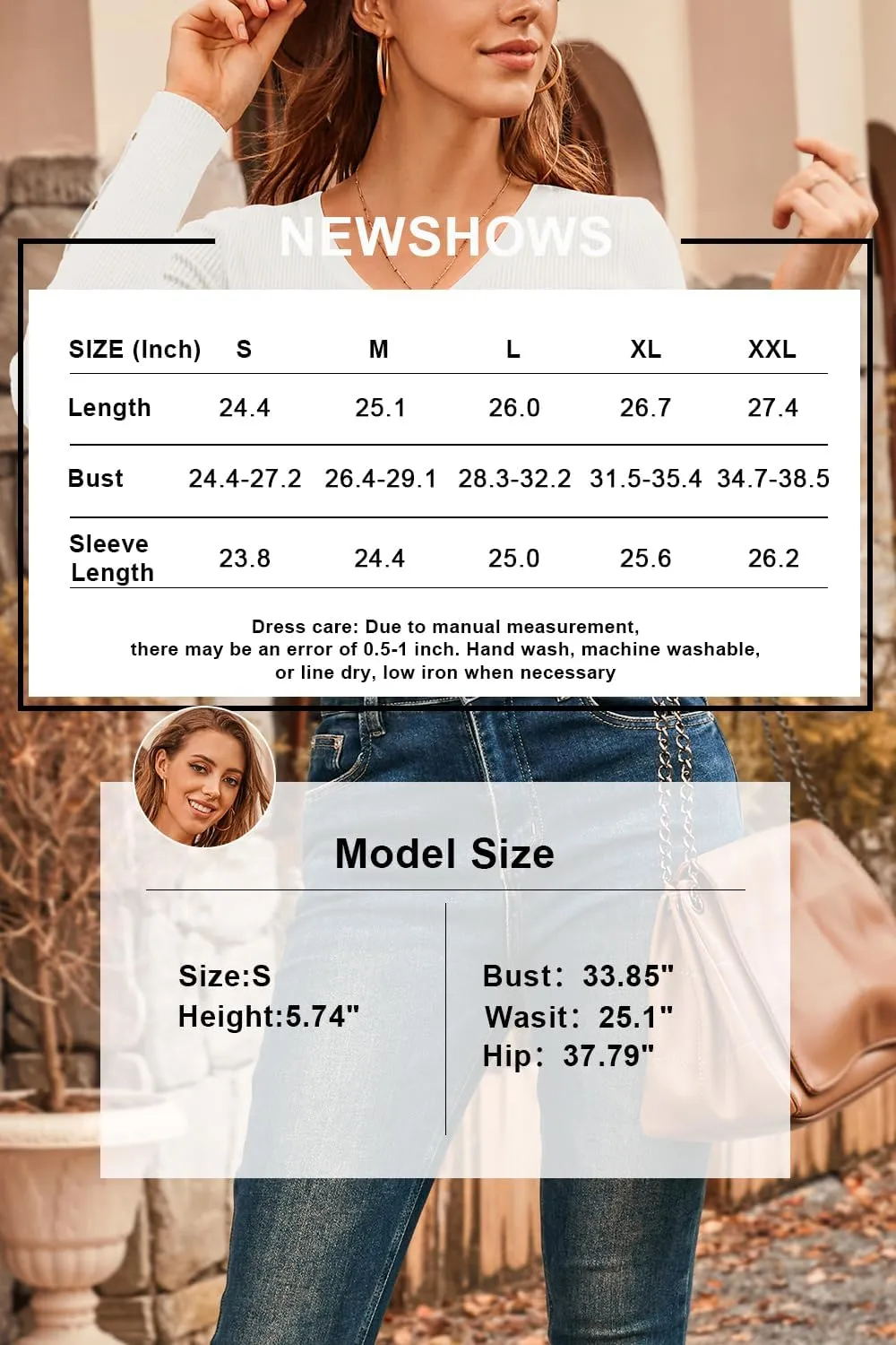 Newshows Womens Sweaters Fall V Neck Pullover Long Sleeve Stretch Button Casual Ribbed Knit Tops