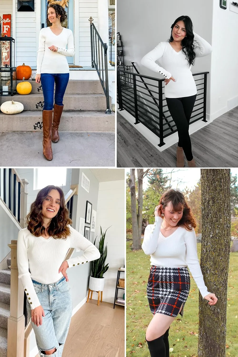 Newshows Womens Sweaters Fall V Neck Pullover Long Sleeve Stretch Button Casual Ribbed Knit Tops