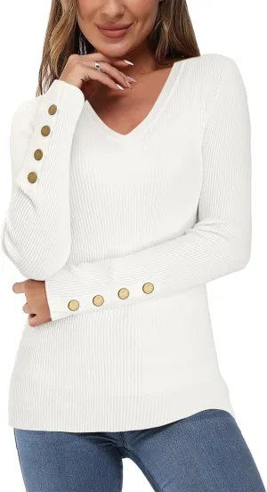 Newshows Womens Sweaters Fall V Neck Pullover Long Sleeve Stretch Button Casual Ribbed Knit Tops