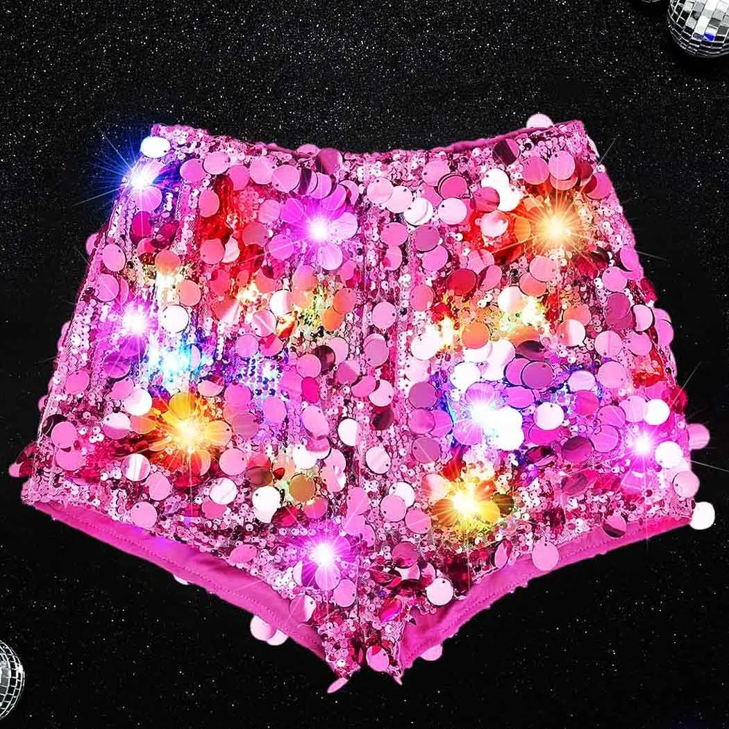 Nicute Light Up Sequins Shorts Glitter High Waisted Hot Pants Disco Rave Party Bottoms Shorts for Women