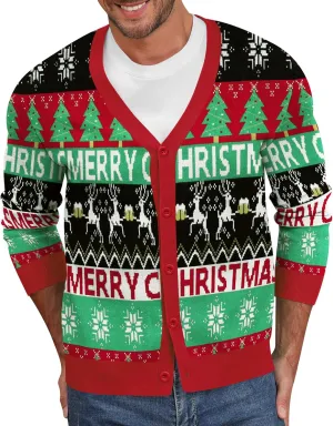 NITAGUT Mens Christmas Ugly Cardigan Sweater Reindeer Snowflake Xmas Sweater Casual Long Sleeve Knitwear