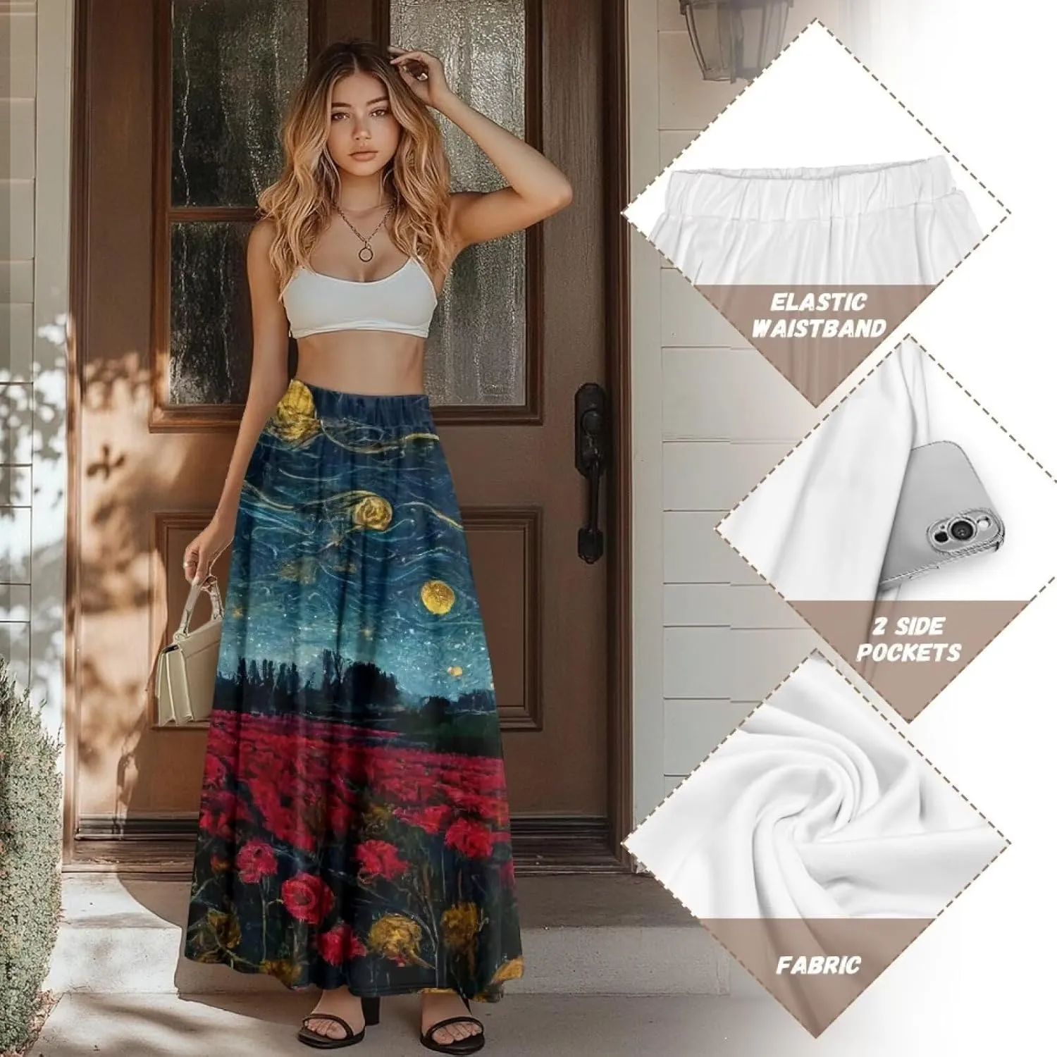 Oil Painting Printed Women's Long Maxi Skirt Elegant Pleated High Waisted A-Link Long Maxi Skirt for Party, Work