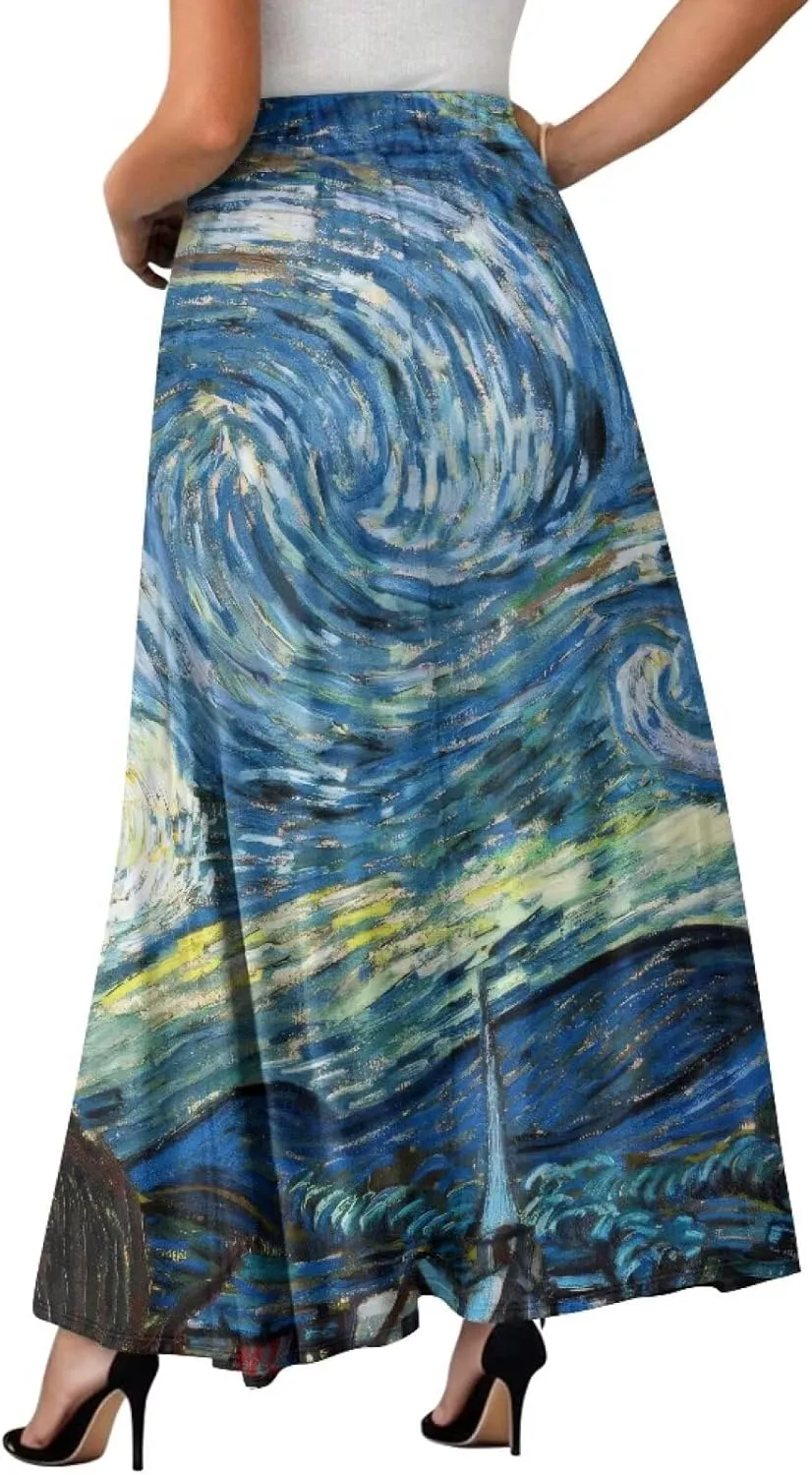 Oil Painting Printed Women's Long Maxi Skirt Elegant Pleated High Waisted A-Link Long Maxi Skirt for Party, Work