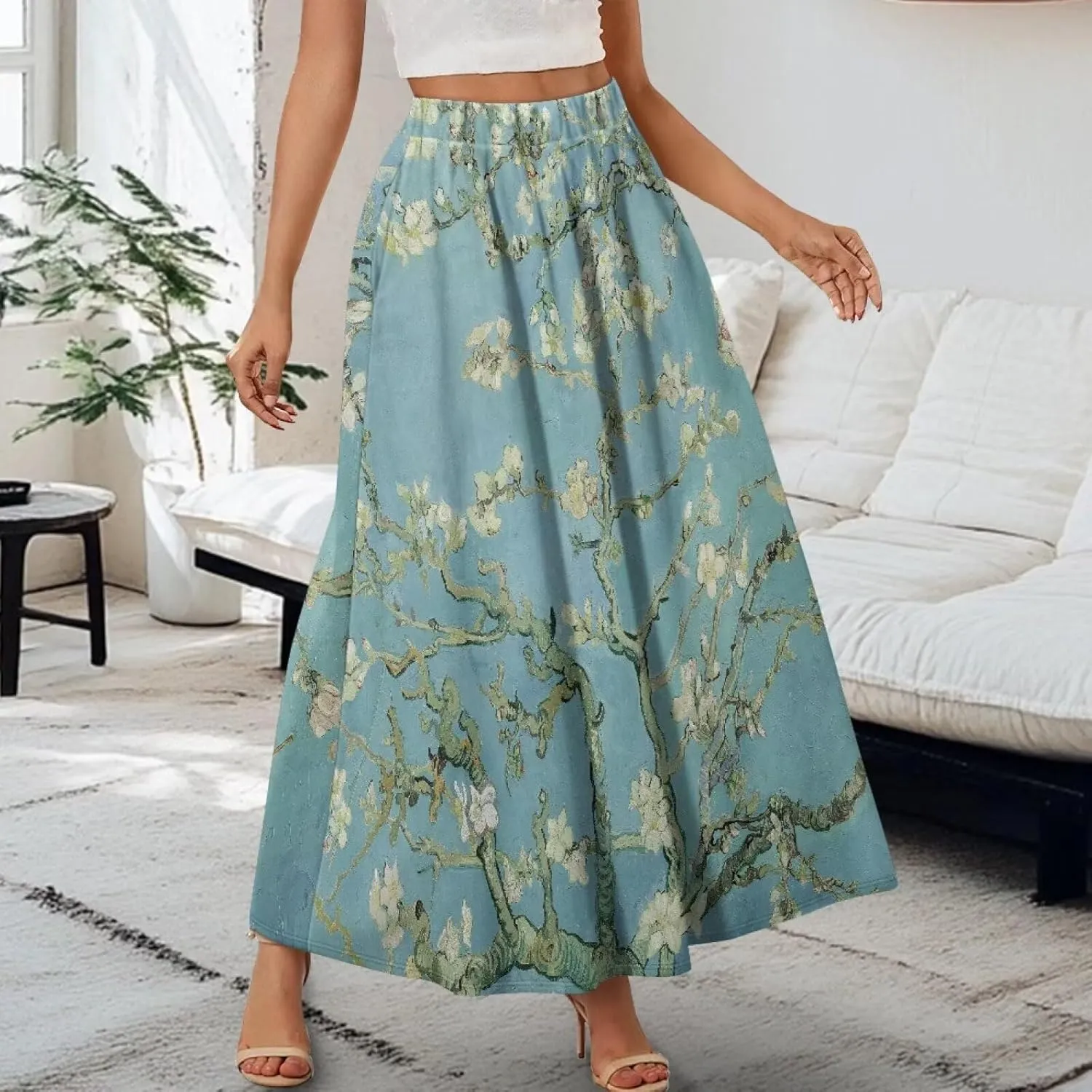 Oil Painting Printed Women's Long Maxi Skirt Elegant Pleated High Waisted A-Link Long Maxi Skirt for Party, Work