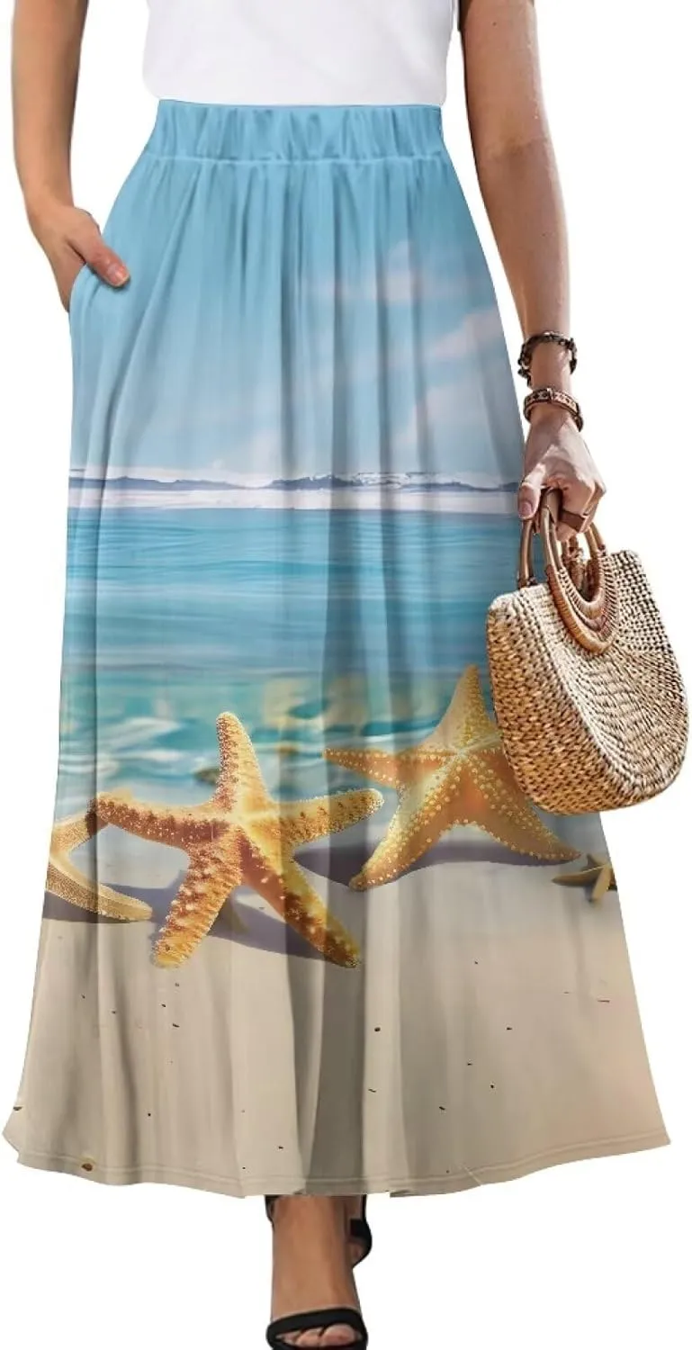 Oil Painting Printed Women's Long Maxi Skirt Elegant Pleated High Waisted A-Link Long Maxi Skirt for Party, Work