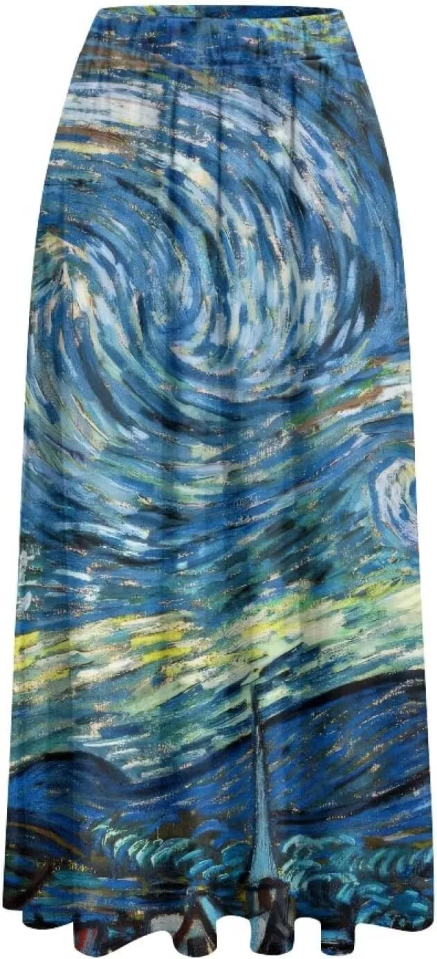 Oil Painting Printed Women's Long Maxi Skirt Elegant Pleated High Waisted A-Link Long Maxi Skirt for Party, Work