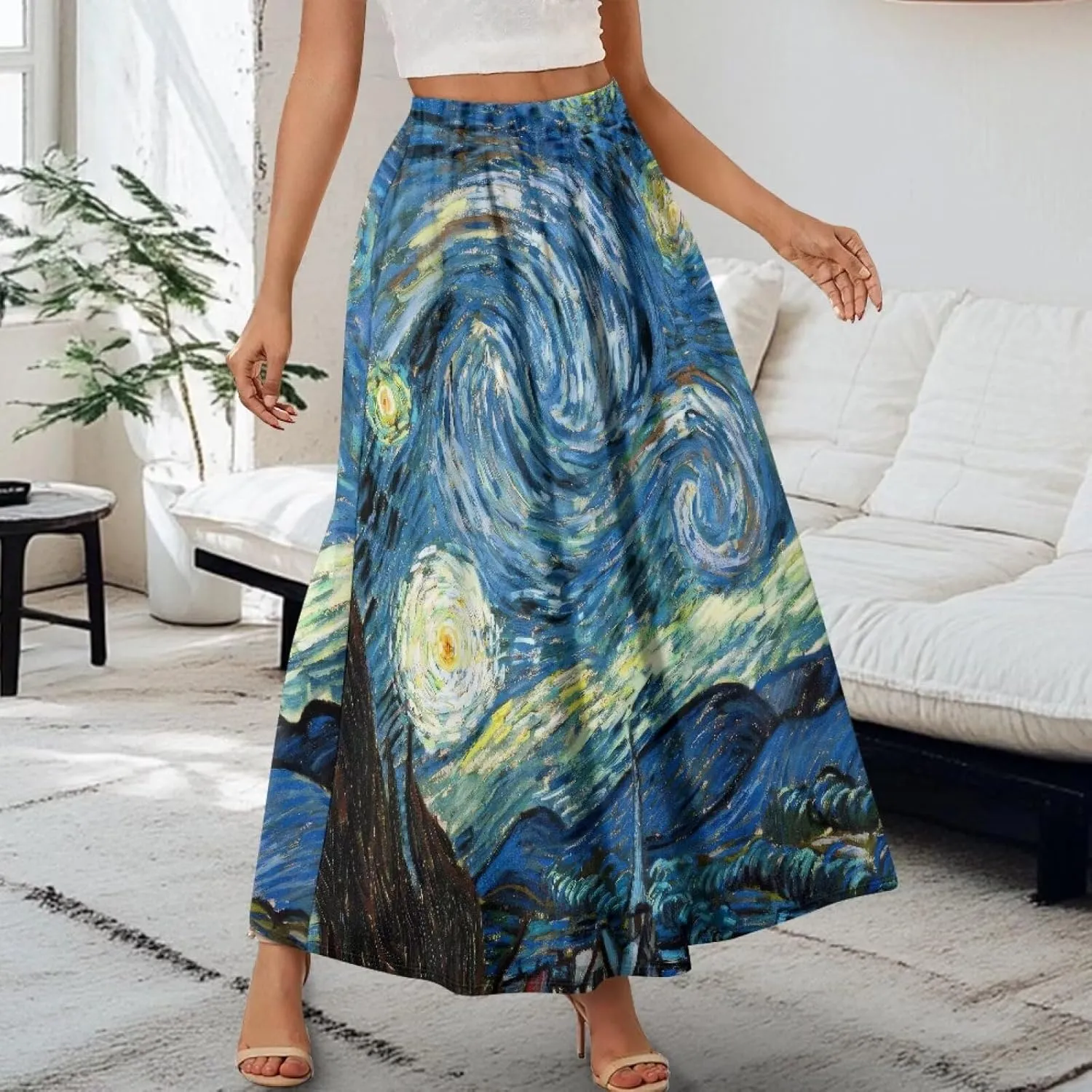 Oil Painting Printed Women's Long Maxi Skirt Elegant Pleated High Waisted A-Link Long Maxi Skirt for Party, Work