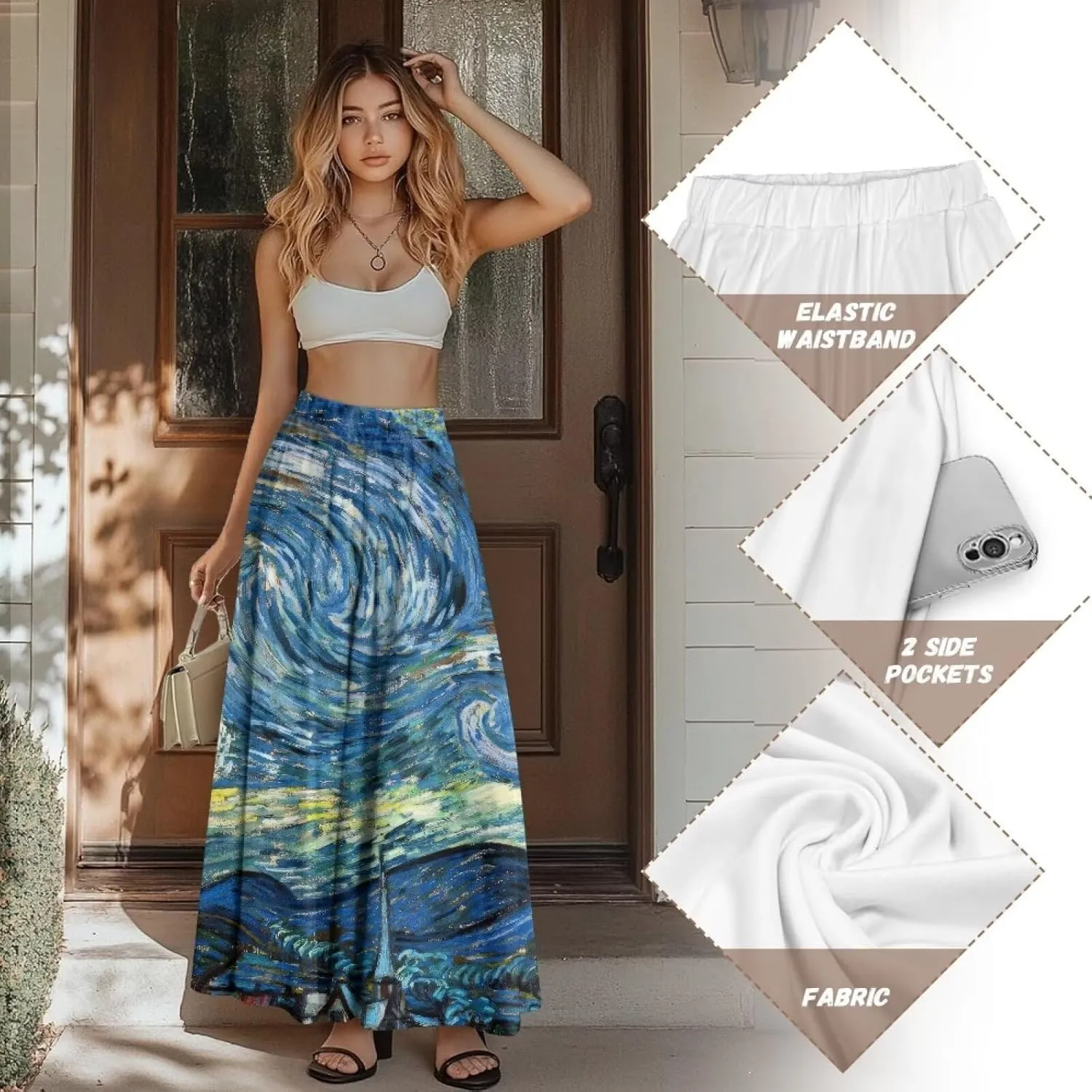 Oil Painting Printed Women's Long Maxi Skirt Elegant Pleated High Waisted A-Link Long Maxi Skirt for Party, Work