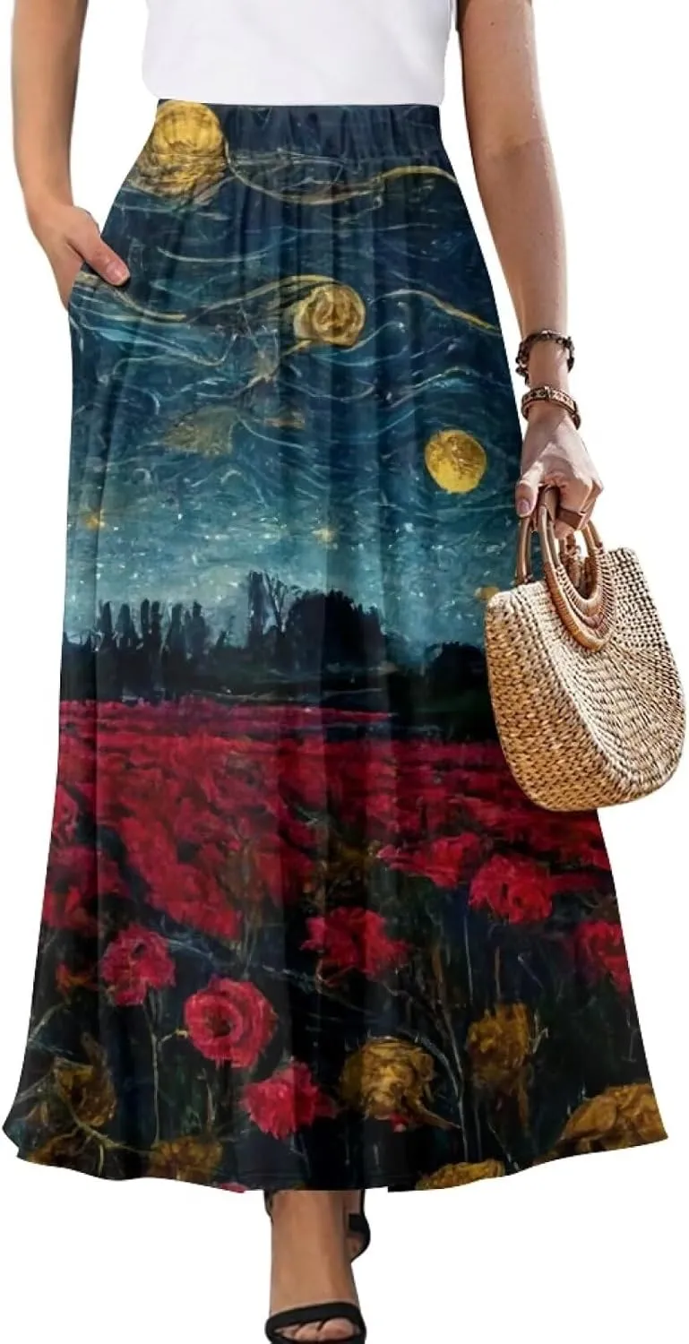 Oil Painting Printed Women's Long Maxi Skirt Elegant Pleated High Waisted A-Link Long Maxi Skirt for Party, Work