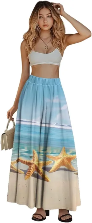 Oil Painting Printed Women's Long Maxi Skirt Elegant Pleated High Waisted A-Link Long Maxi Skirt for Party, Work