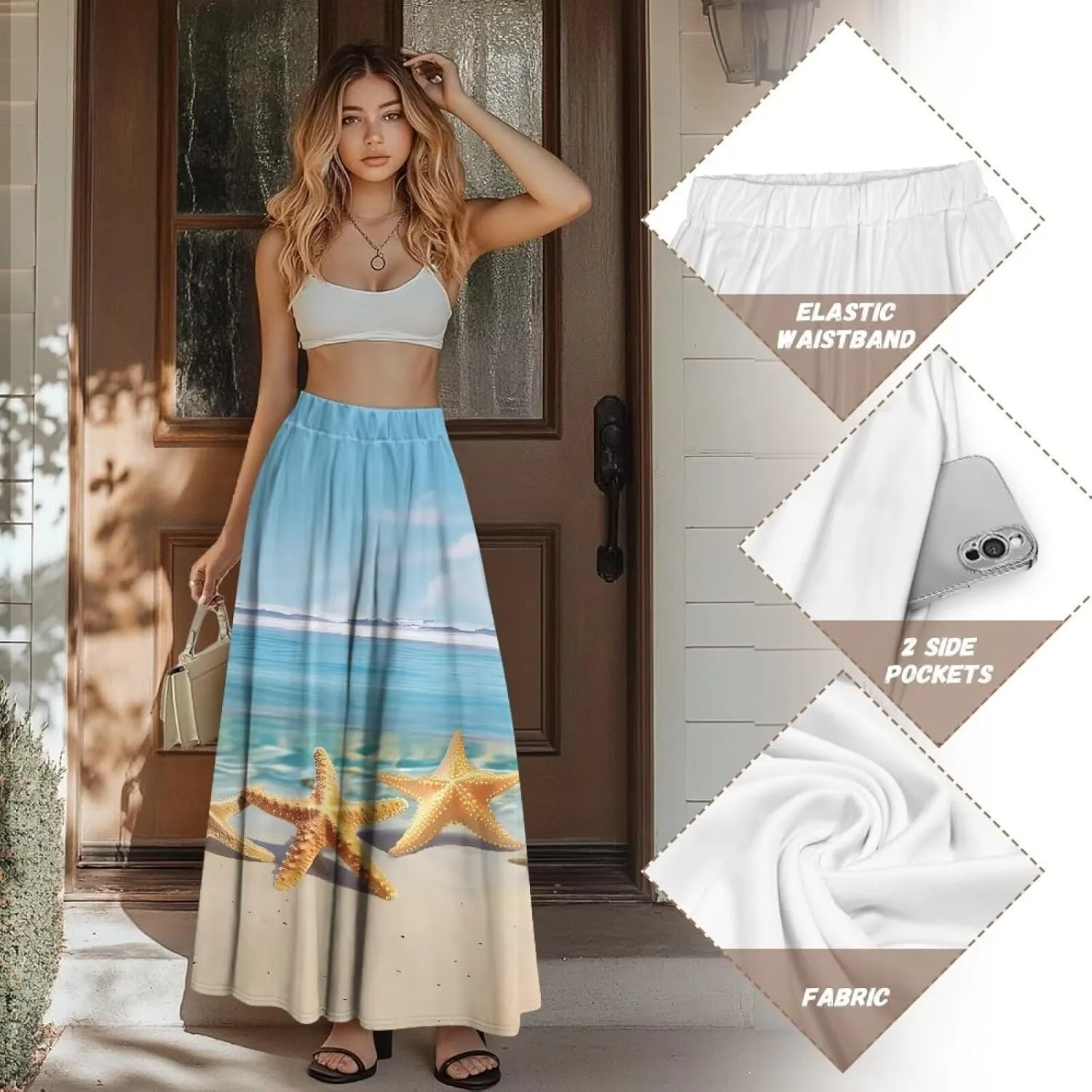 Oil Painting Printed Women's Long Maxi Skirt Elegant Pleated High Waisted A-Link Long Maxi Skirt for Party, Work
