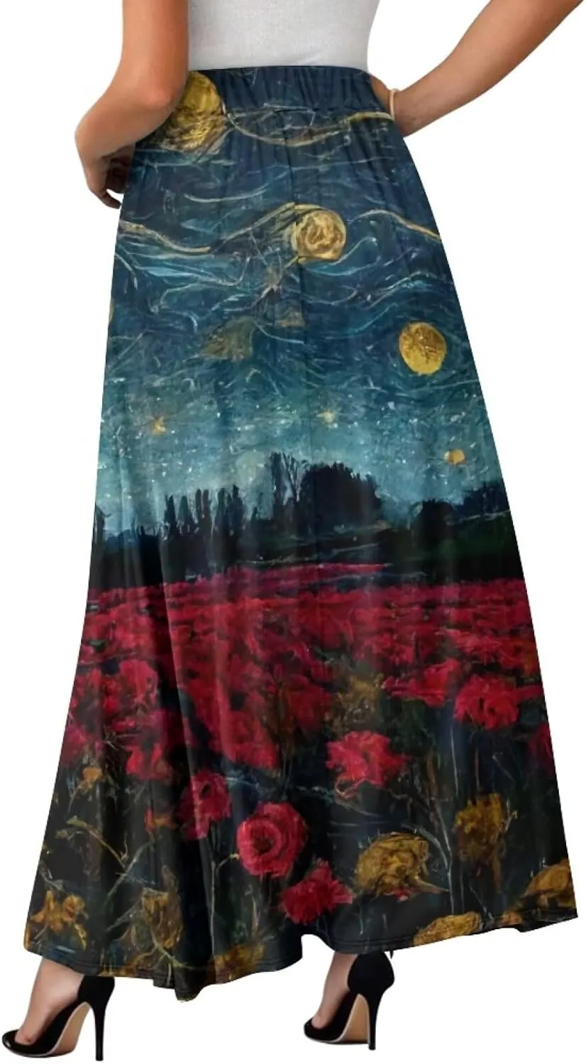 Oil Painting Printed Women's Long Maxi Skirt Elegant Pleated High Waisted A-Link Long Maxi Skirt for Party, Work