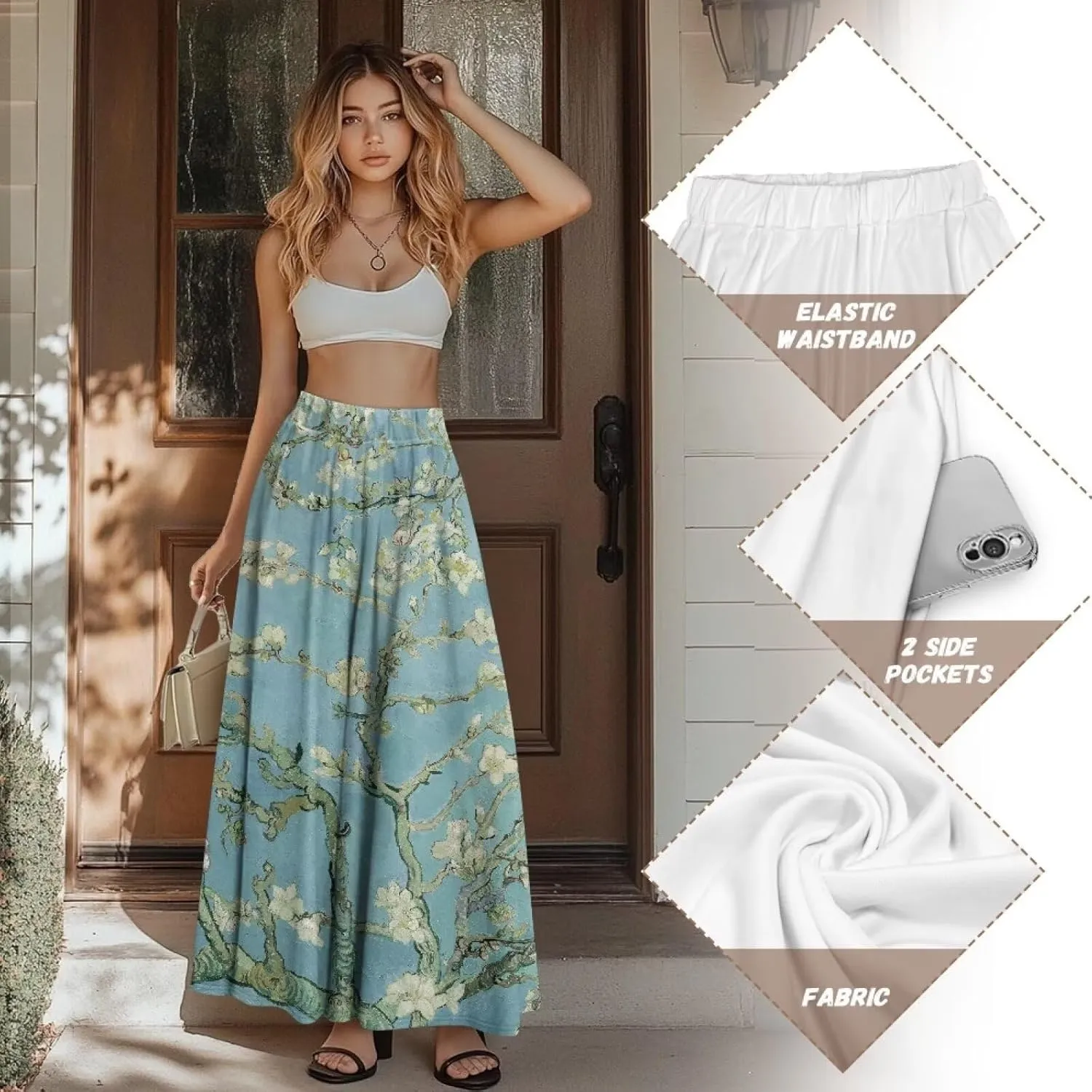 Oil Painting Printed Women's Long Maxi Skirt Elegant Pleated High Waisted A-Link Long Maxi Skirt for Party, Work