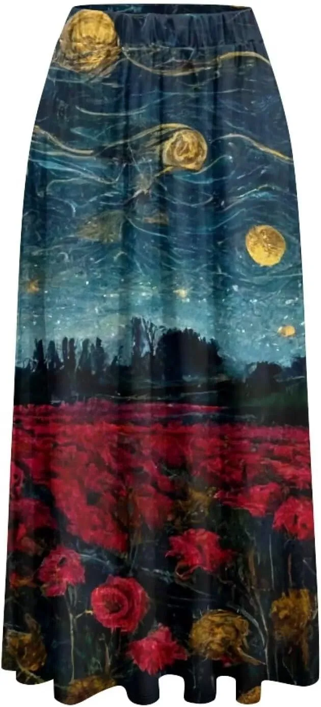 Oil Painting Printed Women's Long Maxi Skirt Elegant Pleated High Waisted A-Link Long Maxi Skirt for Party, Work