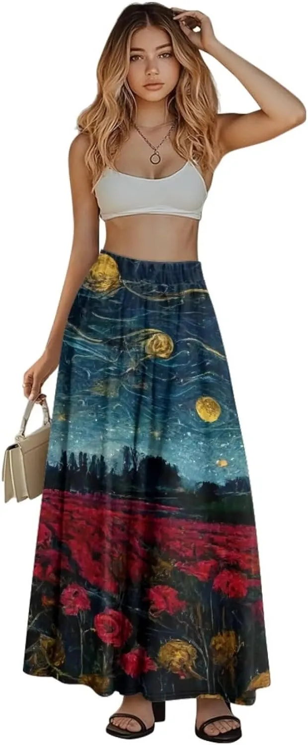 Oil Painting Printed Women's Long Maxi Skirt Elegant Pleated High Waisted A-Link Long Maxi Skirt for Party, Work