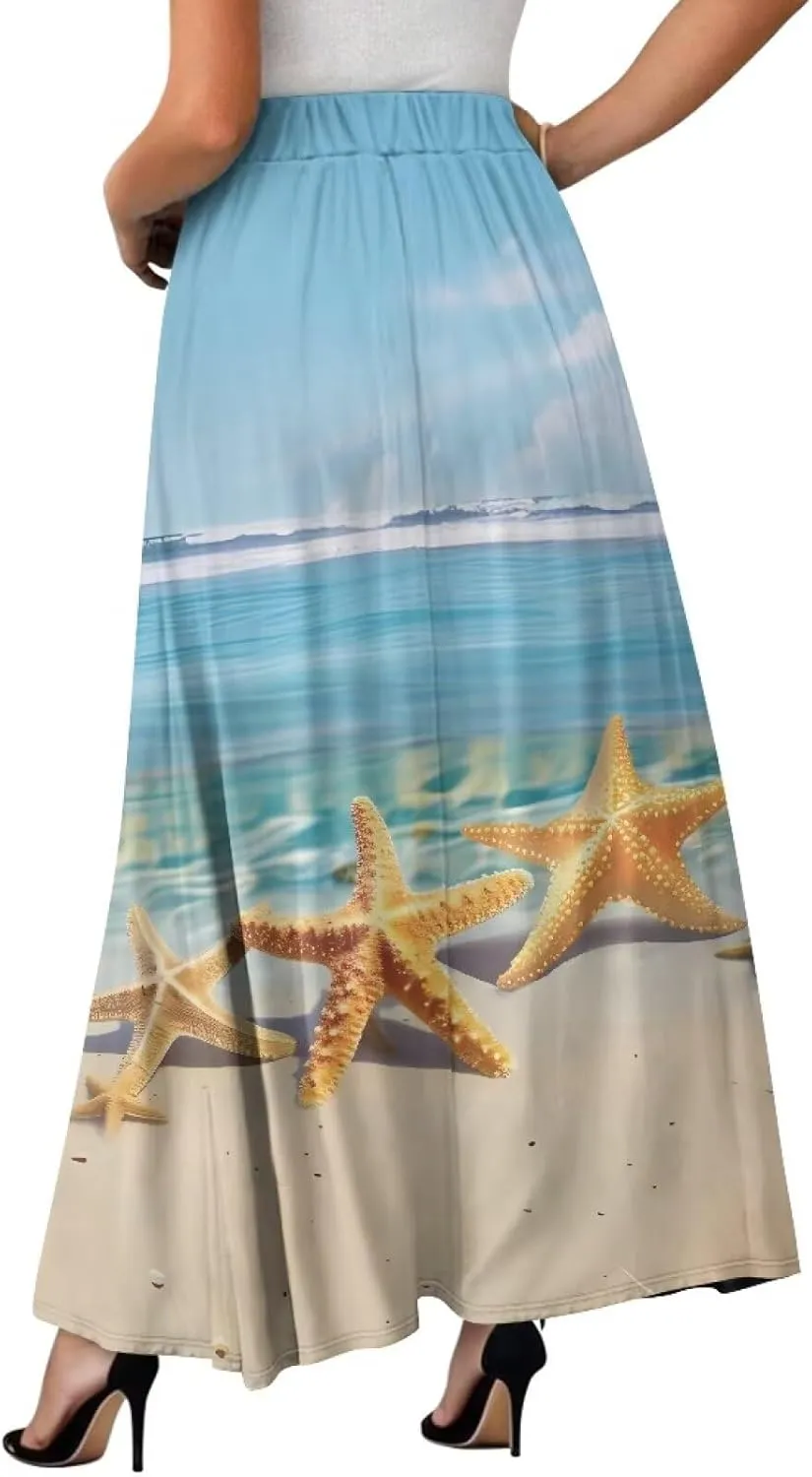 Oil Painting Printed Women's Long Maxi Skirt Elegant Pleated High Waisted A-Link Long Maxi Skirt for Party, Work