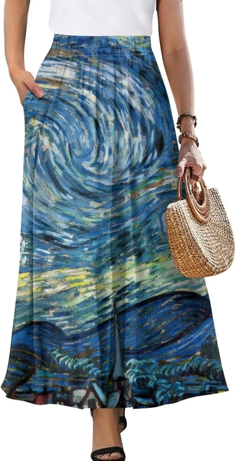 Oil Painting Printed Women's Long Maxi Skirt Elegant Pleated High Waisted A-Link Long Maxi Skirt for Party, Work