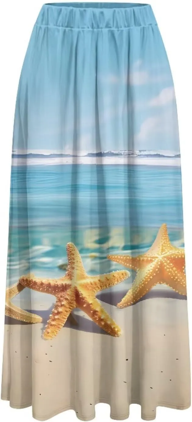 Oil Painting Printed Women's Long Maxi Skirt Elegant Pleated High Waisted A-Link Long Maxi Skirt for Party, Work