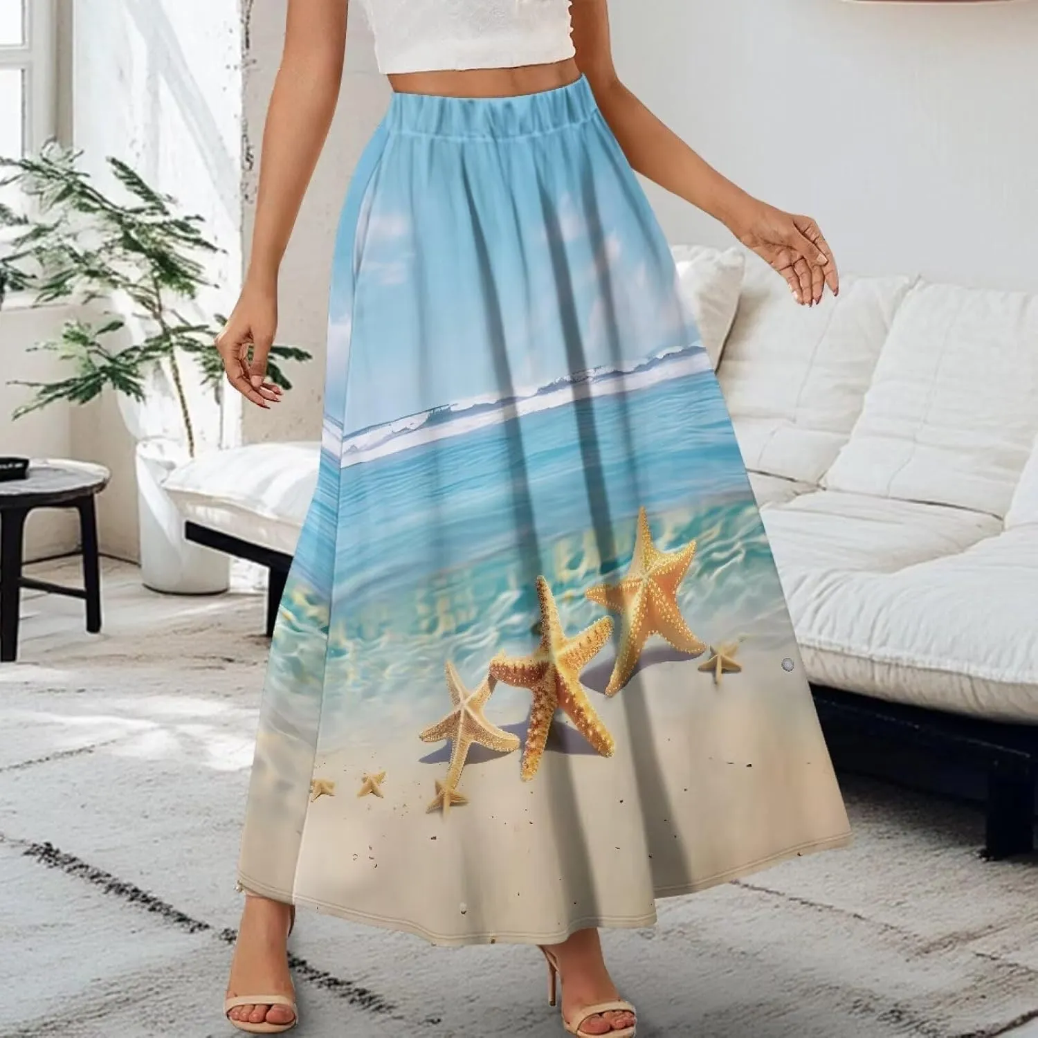 Oil Painting Printed Women's Long Maxi Skirt Elegant Pleated High Waisted A-Link Long Maxi Skirt for Party, Work