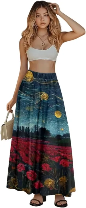 Oil Painting Printed Women's Long Maxi Skirt Elegant Pleated High Waisted A-Link Long Maxi Skirt for Party, Work
