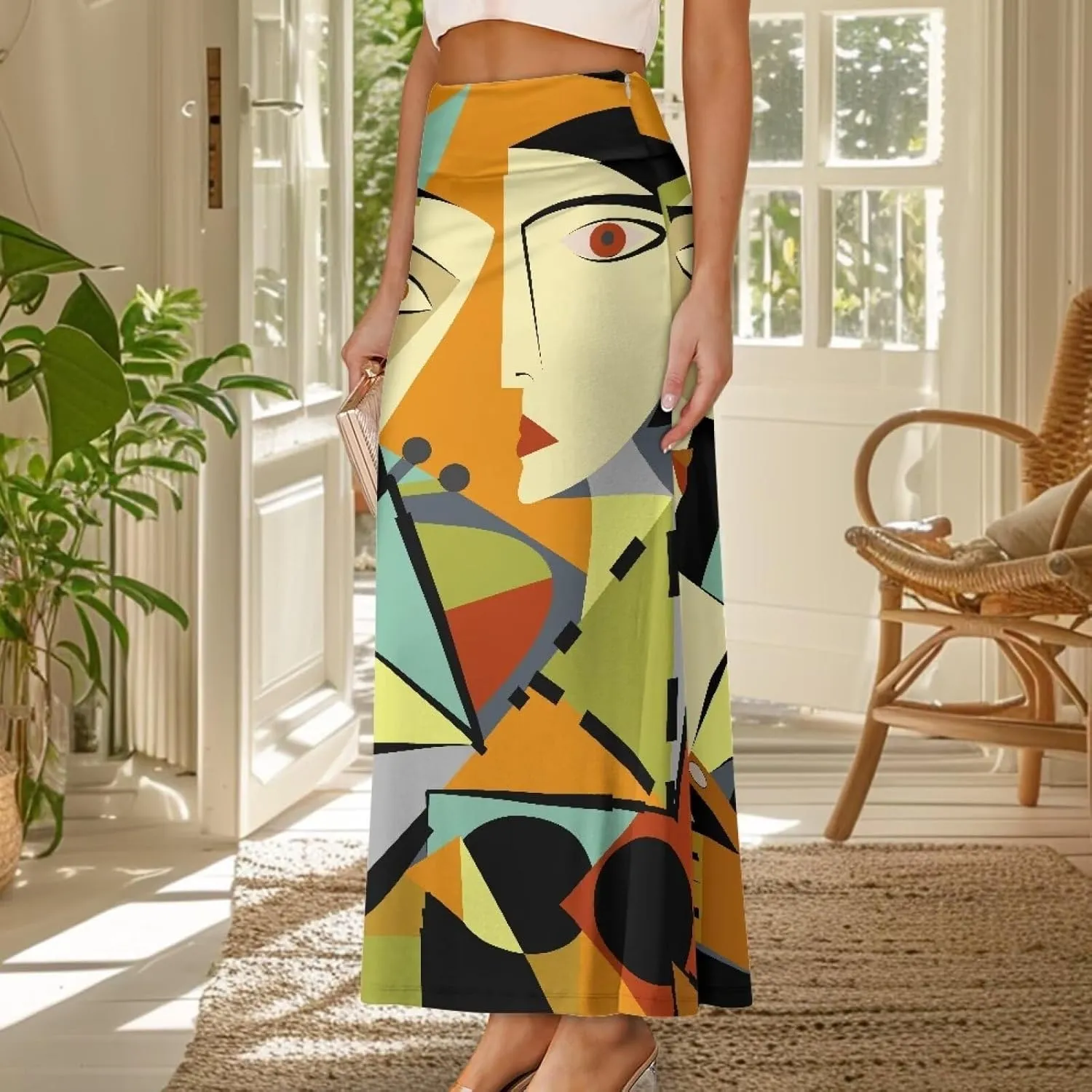 Oil Painting Printed Women's Party Long Flare Maxi Zipper Elegant Skirt High Waisted A-Link Long Maxi Skirt